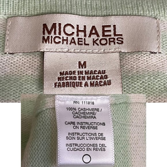 Michael Kors V Neck Cashmere Sweater, Green Off White Stripes, Size M - Picture 3 of 3